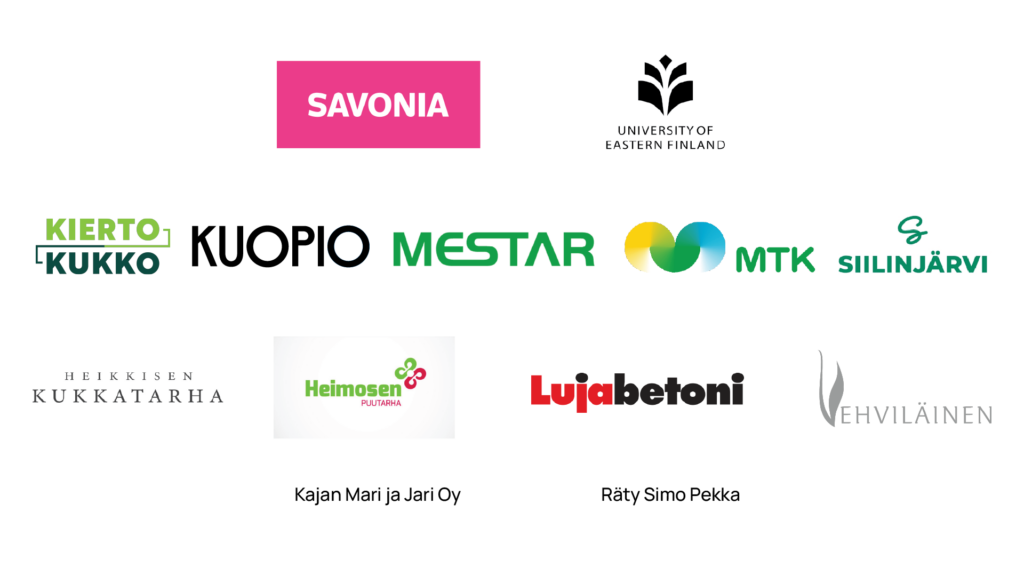 Kokoelma 13 eri yritys- ja organisaatiologosta, muun muassa Savonia, Itä-Suomen yliopisto, KiertoKukko, Kuopio, Mestar, MTK, Siilinjärvi, Heikkisen Kukkat, Heimosen, Lujabetoni, Vehviläinen, Kajani Mari ja Jari Oy ja Räty Simo Pekka.