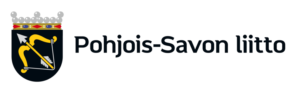 Pohjois-Savon liiton logossa on musta kilpi, jossa on hopeinen kruunu, kultainen jousi ja nuoli sekä musta teksti "Pohjois-Savon liitto" kilven oikealla puolella.