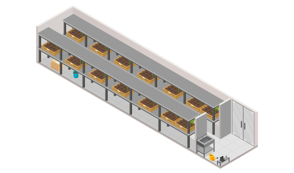 Isometrinen näkymä sisätiloissa olevasta huoneesta, jossa on hyllyjä, joissa on kasvavien kasvien lokeroita, pesuallas, siivoustarvikkeita ja kaksinkertaiset lasiovet. Huone näyttää olevan suunniteltu sisäpuutarhaviljelyä tai vesiviljelyä varten.