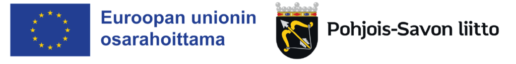 Euroopan unionin lippu, suomenkielinen teksti Euroopan unionin osarahoittama, mustakultainen vaakuna, jossa on miekkavarsi, ja teksti Pohjois-Savon liitto.