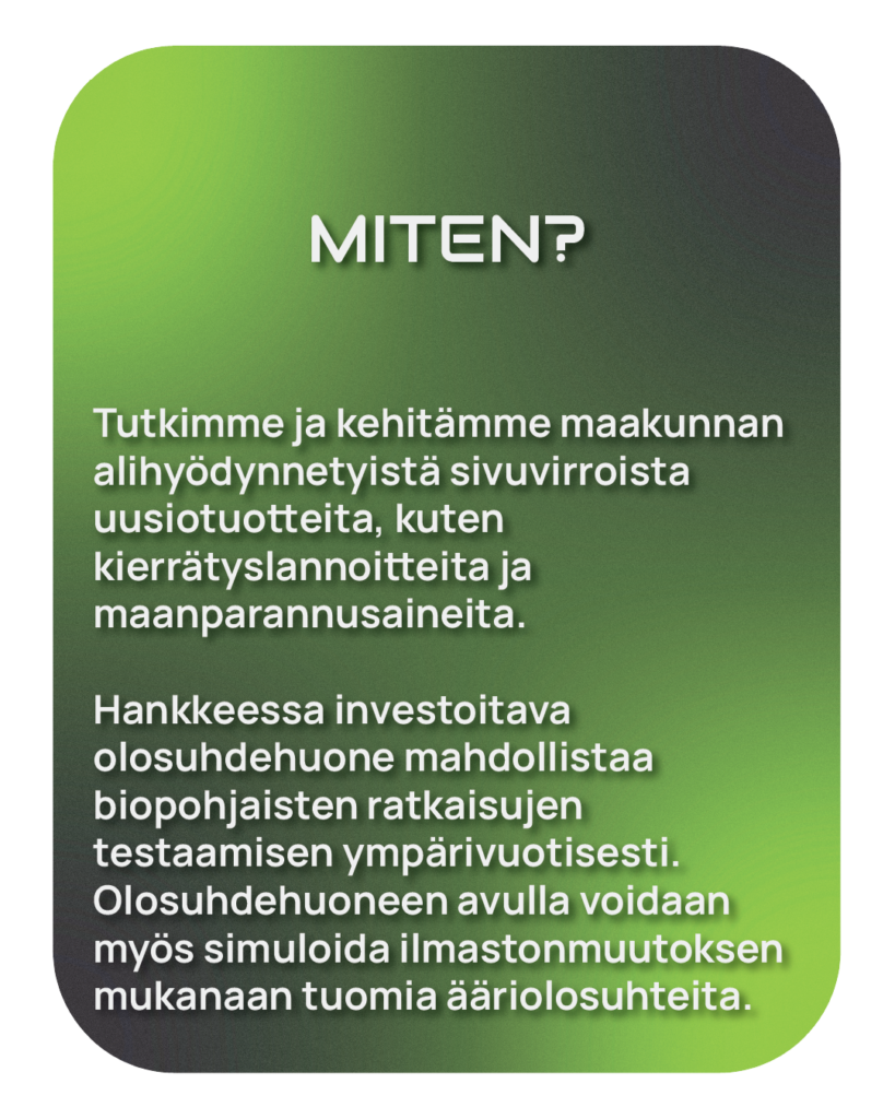 Suomenkielinen teksti vihreällä gradienttitaustalla, jossa kerrotaan hankkeesta, jossa tutkitaan ja kehitetään tuotteita vajaakäytössä olevista paikallisista sivutuotteista, kuten kierrätyslannoitteista, ja simuloidaan ympäristön muutoksia ilmastokammiossa.