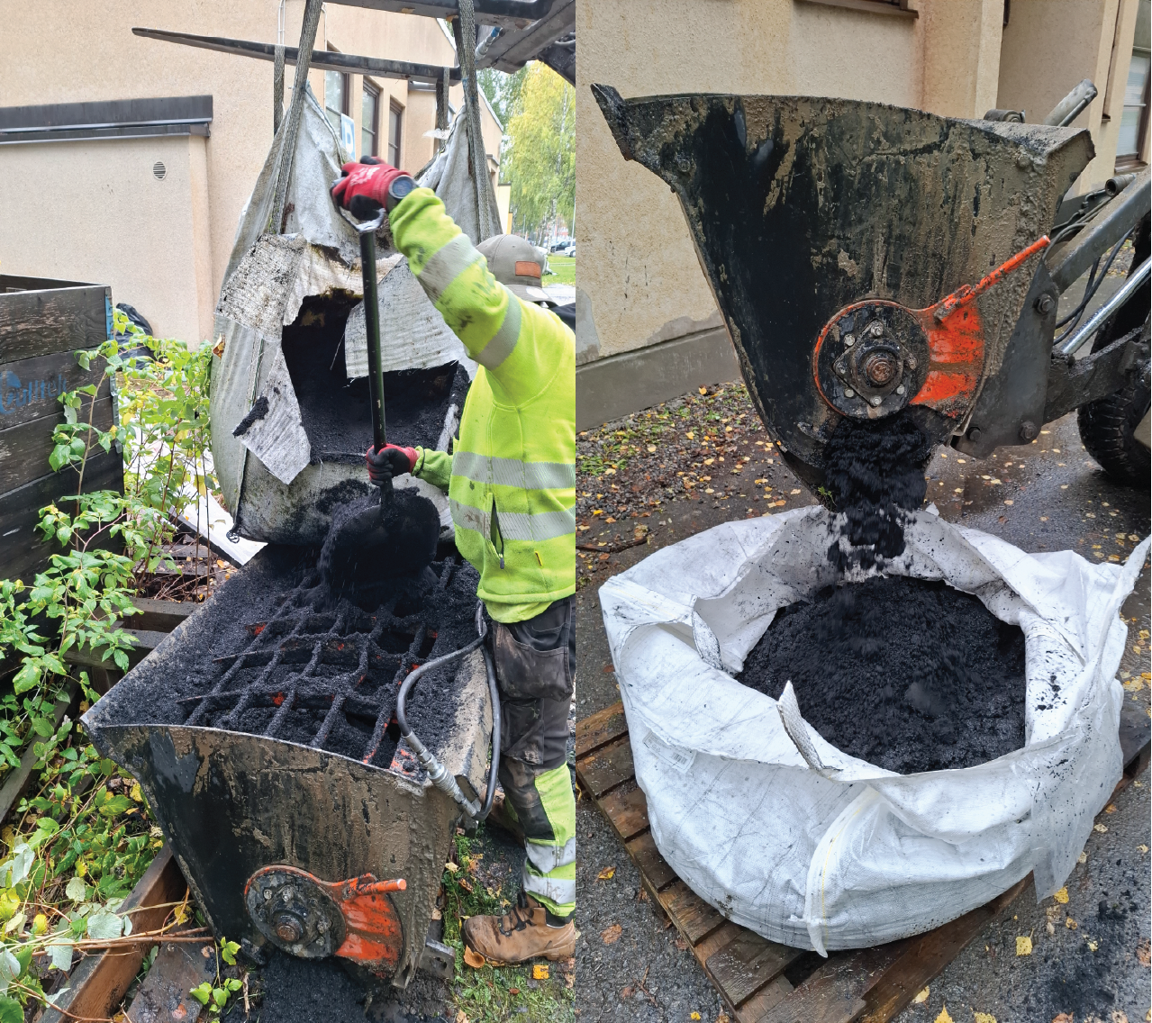 Kaksiosainen kuva, jossa työntekijä siirtää lapiolla materiaalia suuresta säkistä koneeseen, ja sen jälkeen kone kaataa tummaa, rakeista materiaalia puupaletilla olevaan suureen säkkiin.